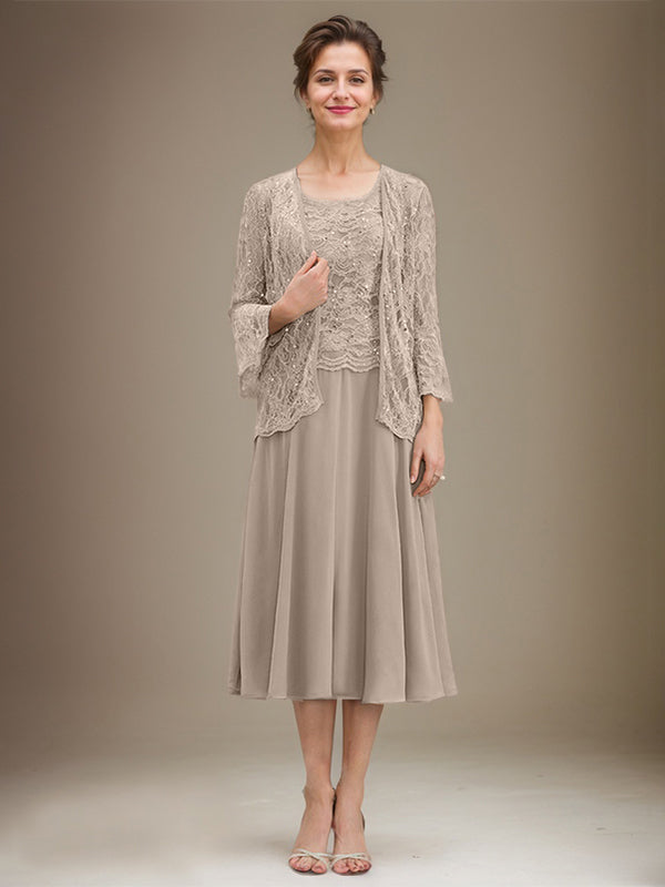 A-Linien Spitzen-Chiffon-Brautmutterkleid mit V-Ausschnitt, tea-length, mit Pailletten