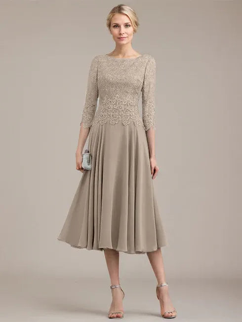 A-Linien Kleid mit Rundhalsausschnitt, tea-länge, Spitze und Chiffon, Mutter der Braut Kleid