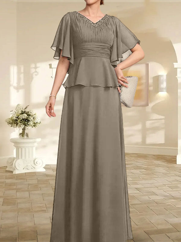 Robe mère de la mariée ligne A en chiffon longue au sol avec décolleté en V et perles plissées
