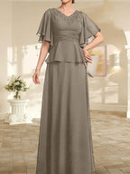 Robe mère de la mariée ligne A en chiffon longue au sol avec décolleté en V et perles plissées