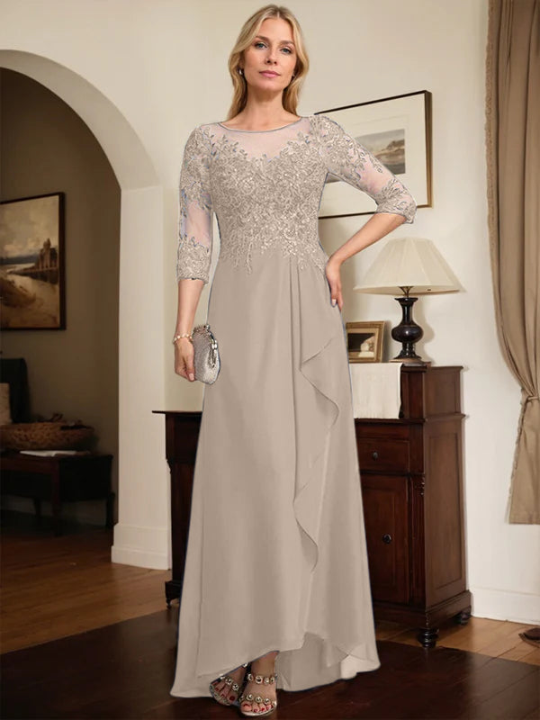 A-Linien Rundhals Illusions-Asymmetrische Spitze Chiffon Brautmutterkleid mit Pailletten und fallenden Rüschen