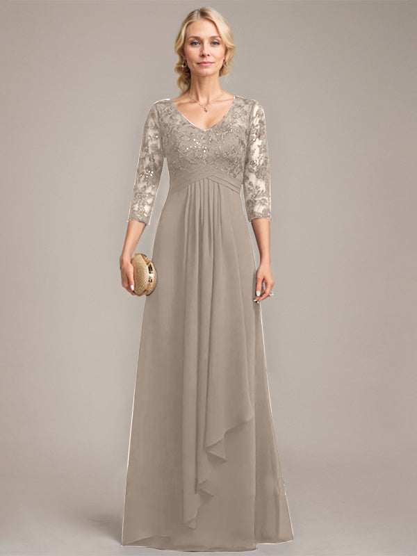 A-Linien V-Ausschnitt bodenlanges Spitzen-Chiffonkleid für die Mutter der Braut mit kaskadierenden Rüschen und Pailletten