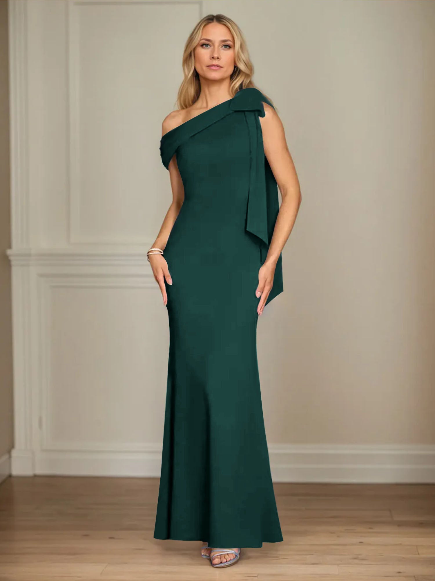 Trumpet/Mermaid Ein-Schulter Ärmelloses Stretch-Crêpe Kleid für die Brautmutter mit Schleife