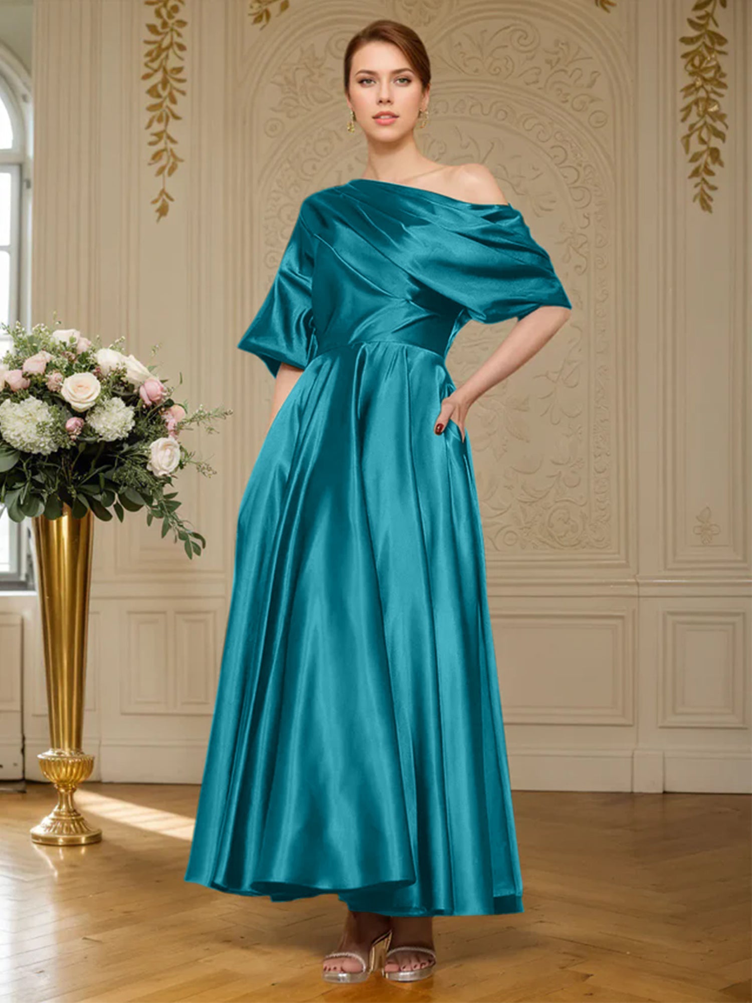 A-Linien Kurzarm plissiertes knöchellanges seidenähnliches Satin Kleid für die Brautmutter