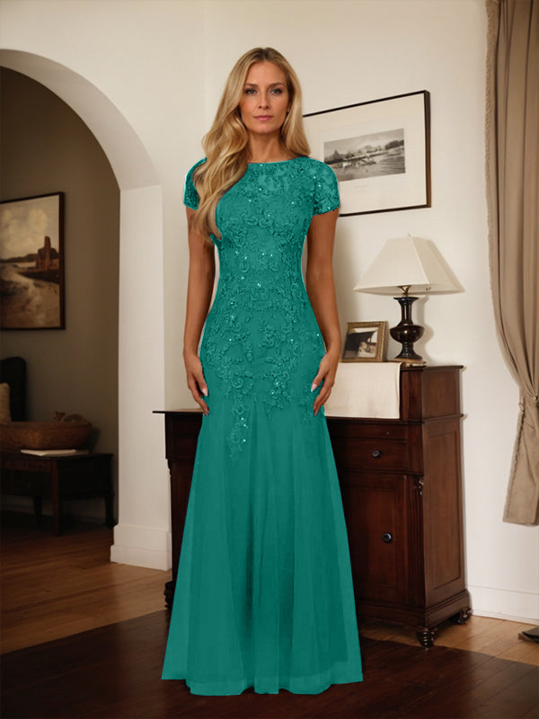 Dark Navy Mermaid Scoop Sequins Tulle Dress