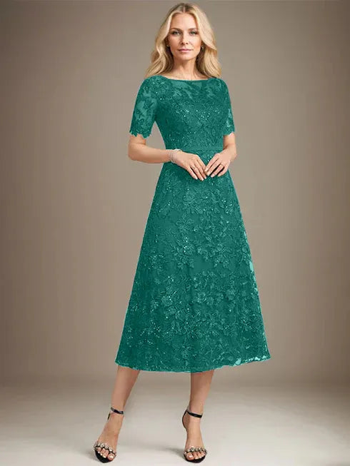 A-Linien Rundhals Illusions-Tea-Length Spitzenkleid der Brautmutter mit Pailletten