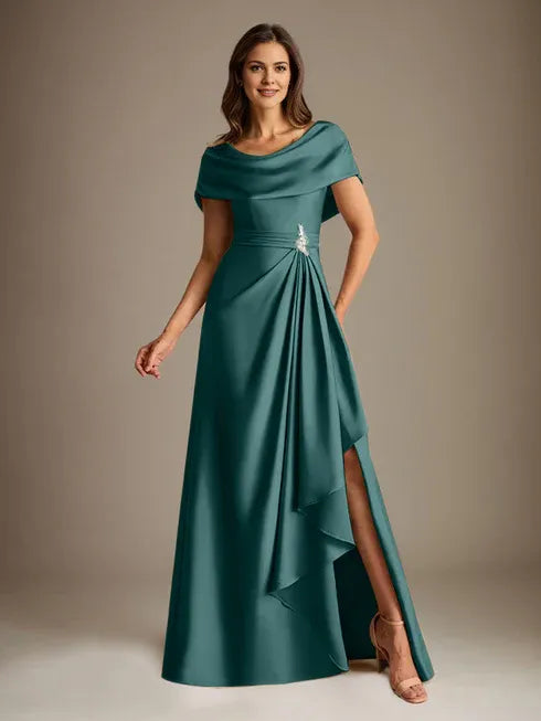 A-Linien-Kleid mit Rundhalsausschnitt, bodenlang, aus Stretch-Satin, Brautmutterkleid mit fallenden Rüschen