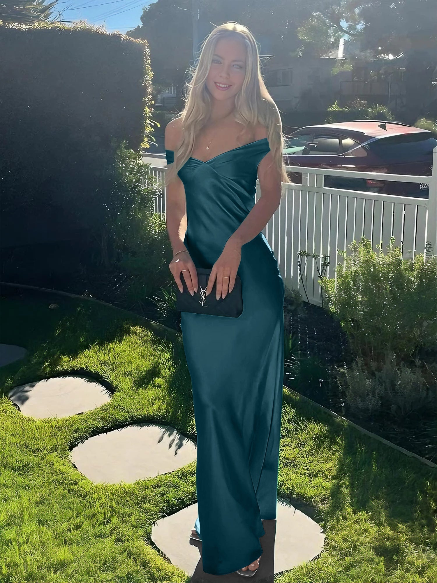 Aqua Mermaid schulterfreies Satin-Sheath-Ballkleid, lang