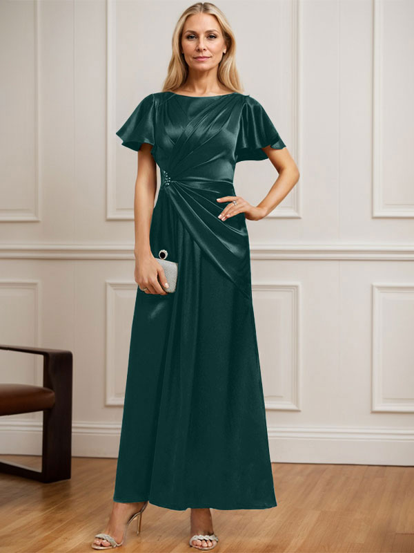 A-Linien Rundhals Knöchellanges Stretch Satin Mutter der Braut Kleid mit Plissierten Perlen