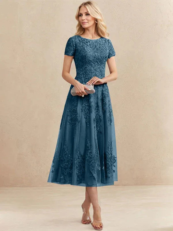 Robe de mère de la mariée A-line en tulle et dentelle, col arrondi, longueur thé