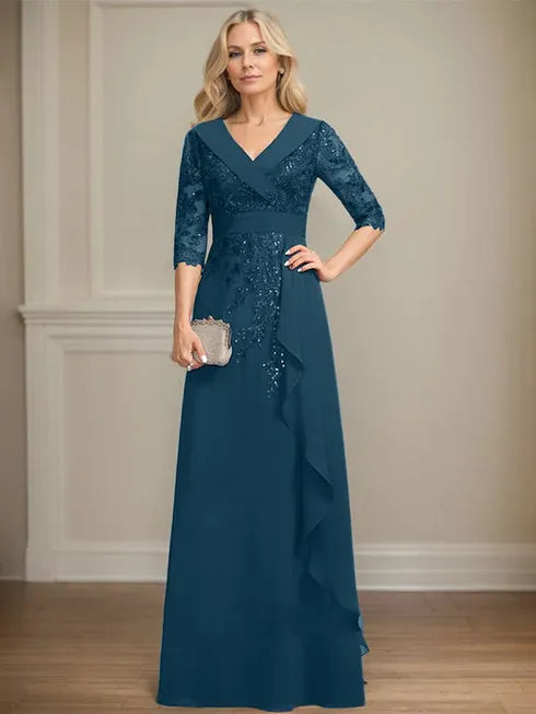 A-Linien Kleid mit Kragen, V-Ausschnitt, bodenlang, aus Spitze und Chiffon, Mutter der Braut Kleid mit Pailletten und fallenden Rüschen