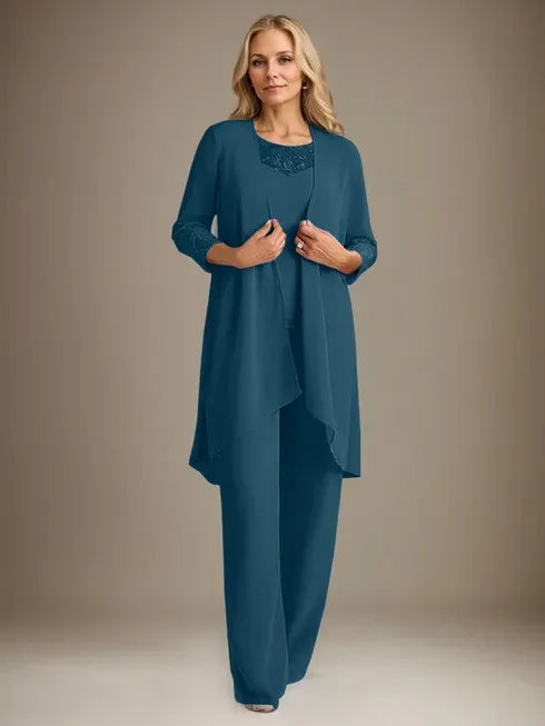 Chiffon Kleid mit Rundhalsausschnitt und langen Ärmeln, Mutter-der-Braut Hosenanzug mit Jacke