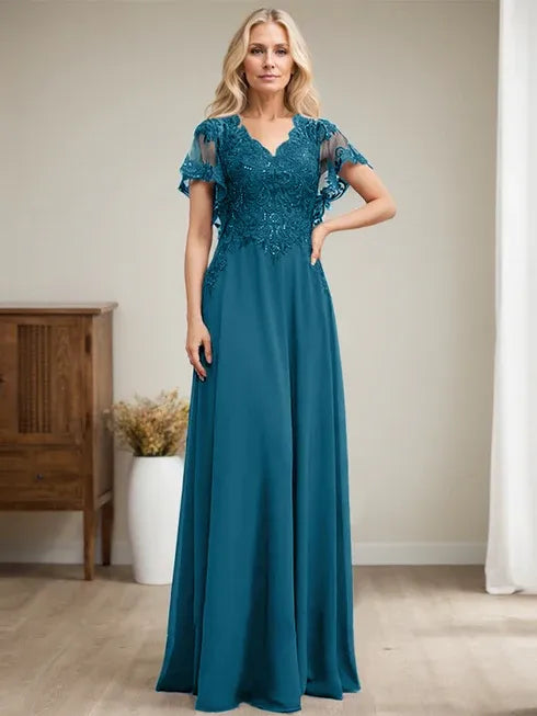 Robe mère de la mariée ligne A col en V longue en dentelle et chiffon avec sequins