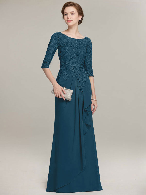 A-Linien Rundhalsausschnitt Illusions bodenlanges Spitzen-Chiffon Mutter der Braut Kleid mit kaskadierenden Rüschen