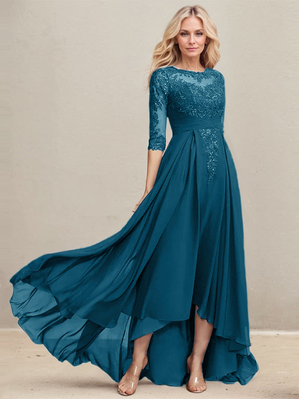A-Linien Ausschnitt Illusions Asymmetrisches Spitzen-Chiffon Kleid für die Mutter der Braut mit plissierten Pailletten