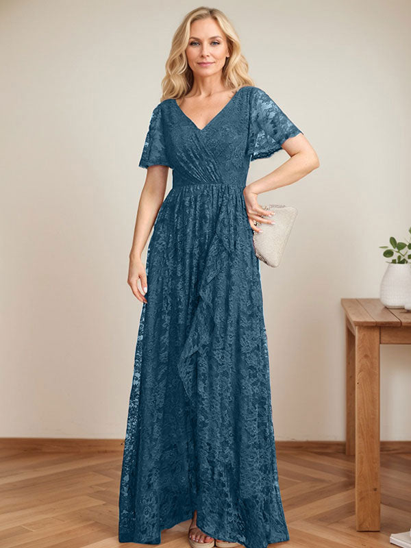 A-Linien Spitzen-Mutter-der-Braut-Kleid mit V-Ausschnitt, asymmetrisch und mit kaskadierenden Rüschen
