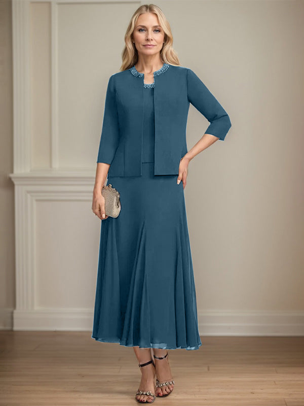 Separates A-Linien Chiffonkleid mit Rundhalsausschnitt, tea-length, Mutter der Braut mit Pailletten und Perlen