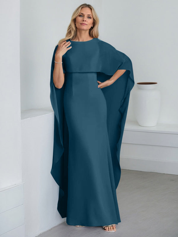 Etui-Kleid mit Rundhalsausschnitt, bodenlang, Chiffon, Mutter-der-Braut-Kleid mit kaskadierenden Rüschen