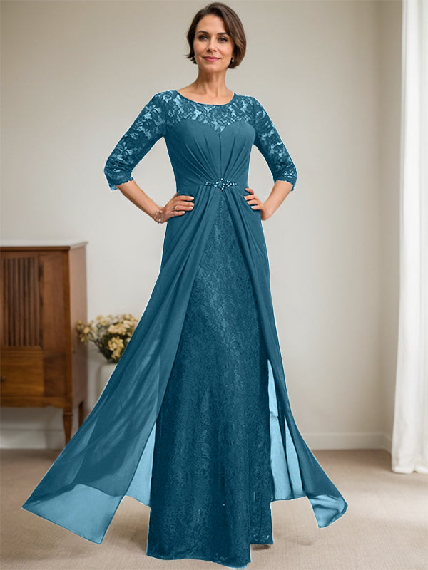A-Linien Rundhalsausschnitt Illusions-Bodenlanges Spitzen-Chiffonkleid für die Brautmutter mit Perlen und Volants
