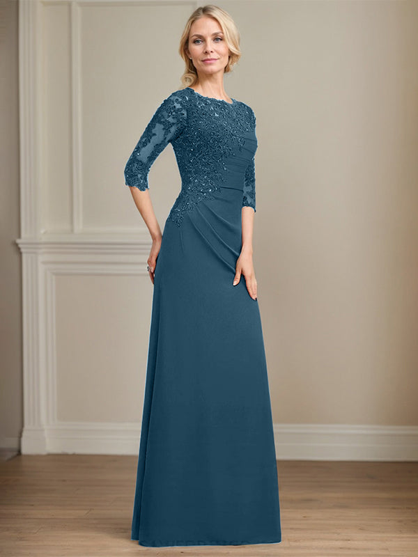 A-Linie Rundhals bodenlanges Chiffon Spitzen Brautmutterkleid mit Perlen Falten Pailletten