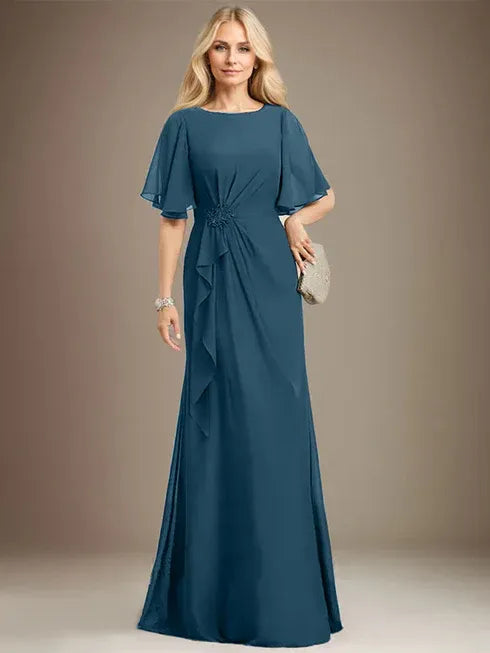 A-Linien Rundhals bodenlanges Chiffon Mutter der Braut Kleid mit kaskadierenden Rüschen Perlen Pailletten