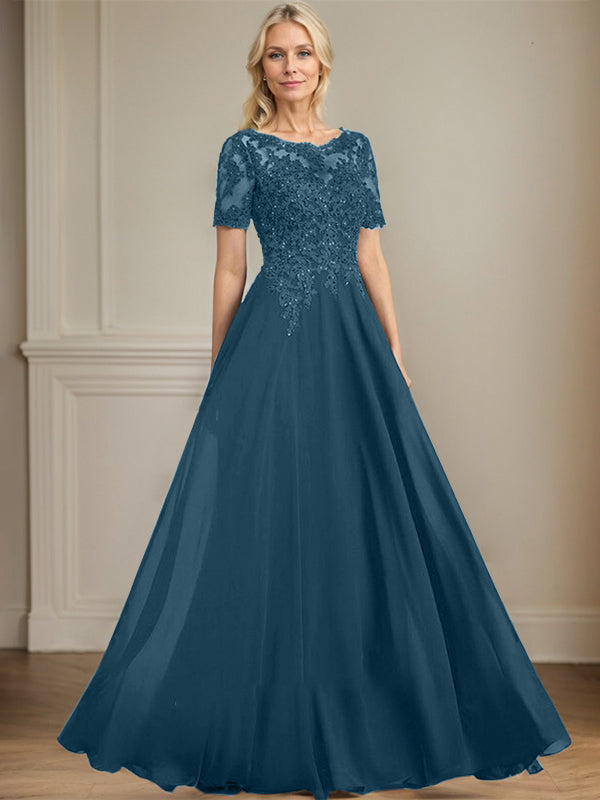 A-Linien Rundhals Illusions-Bodenlanges Chiffon-Spitzenkleid für die Mutter der Braut mit Pailletten und Perlen