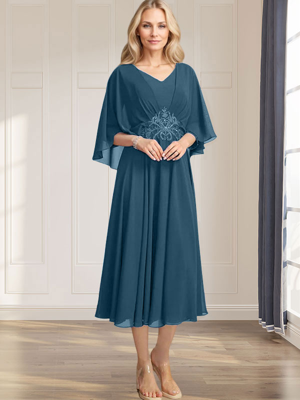 Robe de mère de la mariée en mousseline, longueur thé, col en V, en ligne A, avec appliques plissées, sequins, dentelle et perles