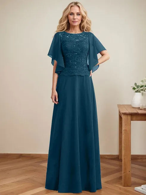 A-Linien Rundhals Illusions-Bodenlanges Spitzen-Chiffon Mutter-der-Braut-Kleid mit Pailletten