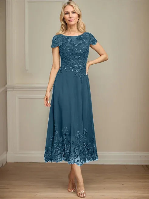 A-Linien Illusions Rundhals tea-langes Spitzenchiffon Mutter der Braut Kleid mit Pailletten
