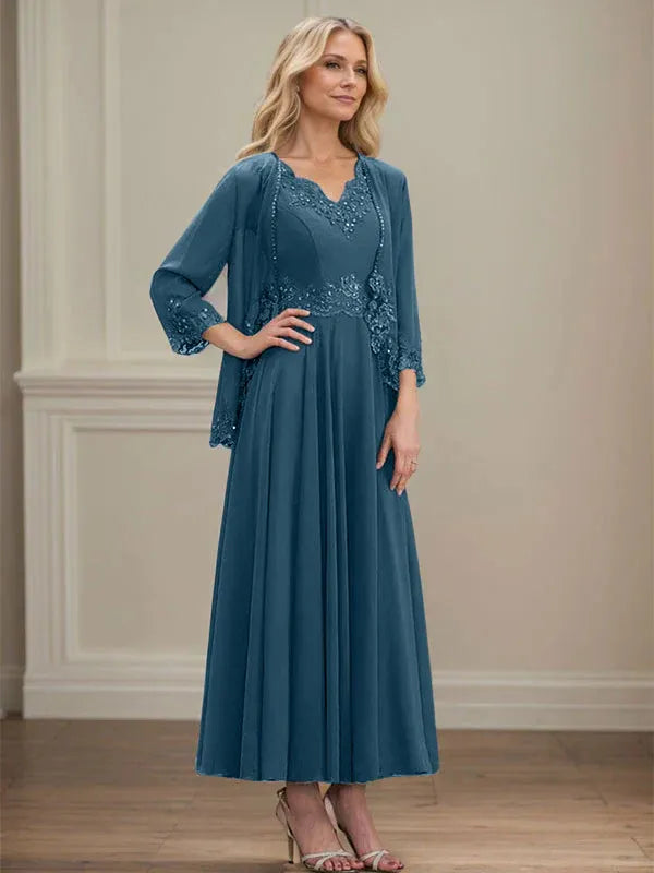 A-Linien Kleid mit V-Ausschnitt, knöchellang, aus Chiffon, Mutter der Braut Kleid mit Pailletten, Applikationen, Spitze und Perlenbesatz