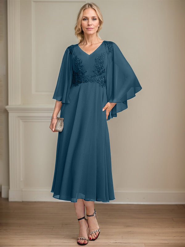 A-Linien-Brautmutterkleid aus Chiffon, V-Ausschnitt, tea-length mit Spitze, Pailletten und Perlen