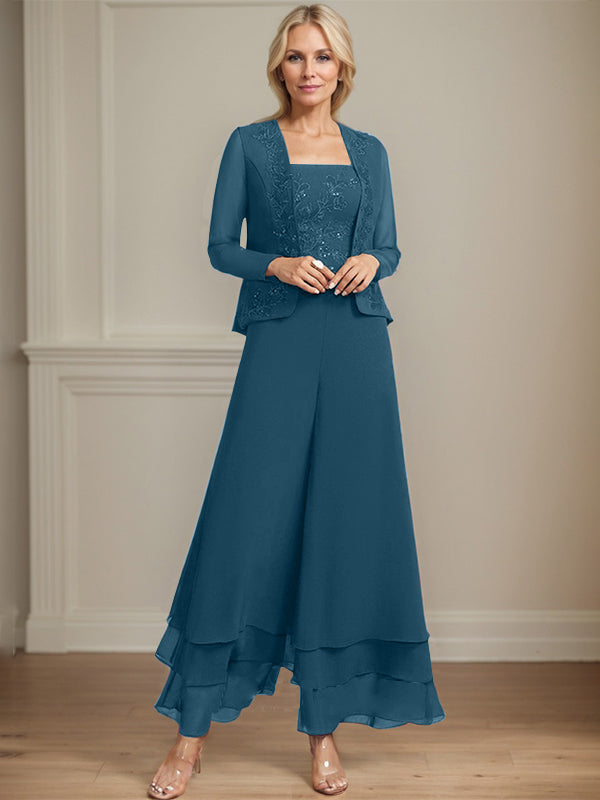 Zweiteiler Jumpsuit/Hosenanzug quadratisch knöchellang Spitze Chiffon Brautmutterkleid mit Pailletten