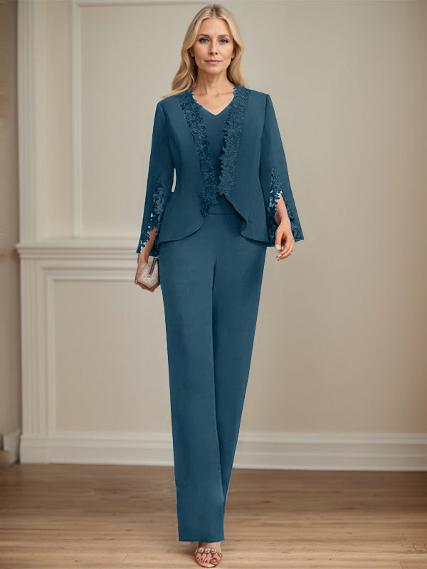 Zweiteiler Jumpsuit/Hosenanzug V-Ausschnitt bodenlanges Chiffon Mutter der Braut Kleid