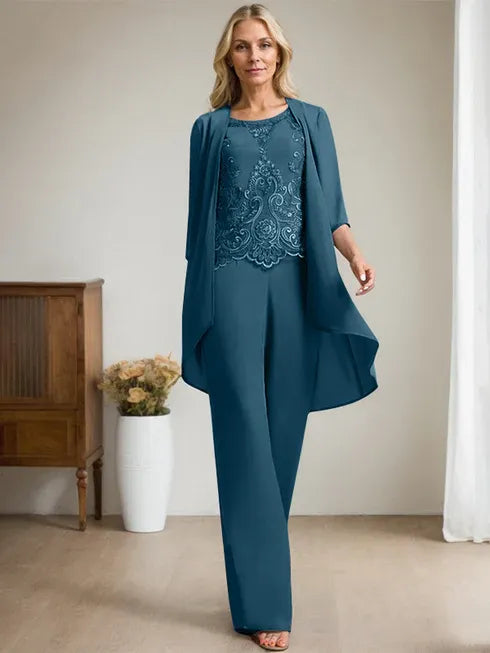Zweiteiler Jumpsuit/Hosenanzug mit Rundhalsausschnitt, bodenlanges Chiffon-Spitzenkleid für die Mutter der Braut mit Perlen und Pailletten
