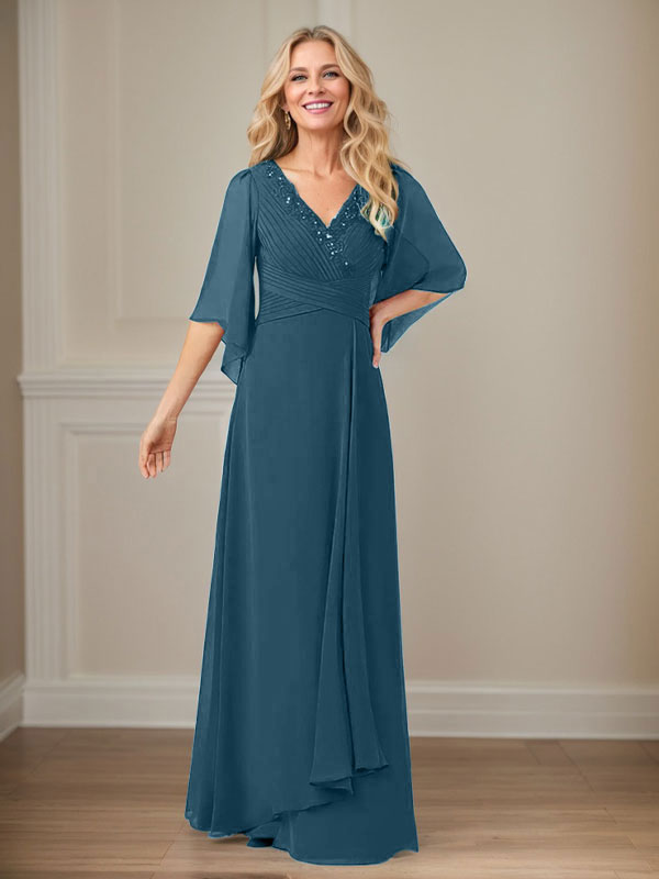 A-Linien V-Ausschnitt langes Pailletten-Chiffon Mutterkleid