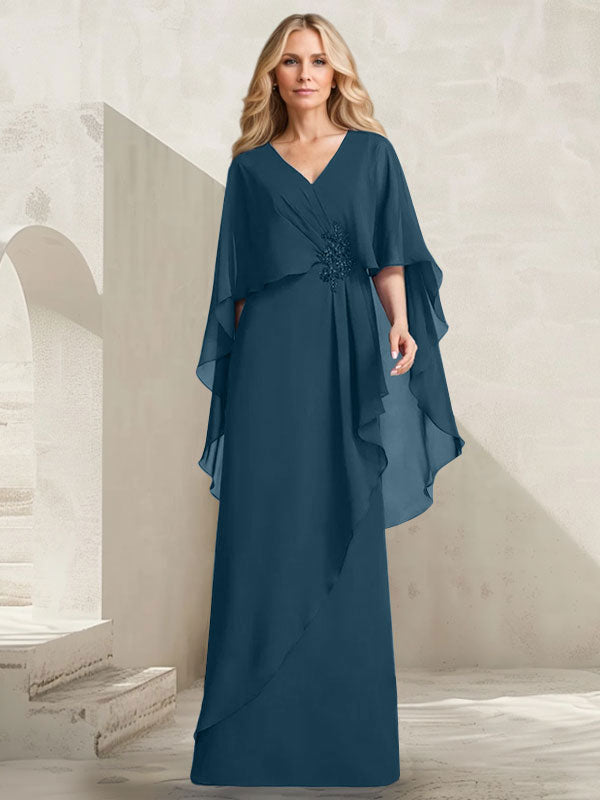 Robe mère de la mariée longue en chiffon coupe trapèze à col en V avec volants en cascade et perles