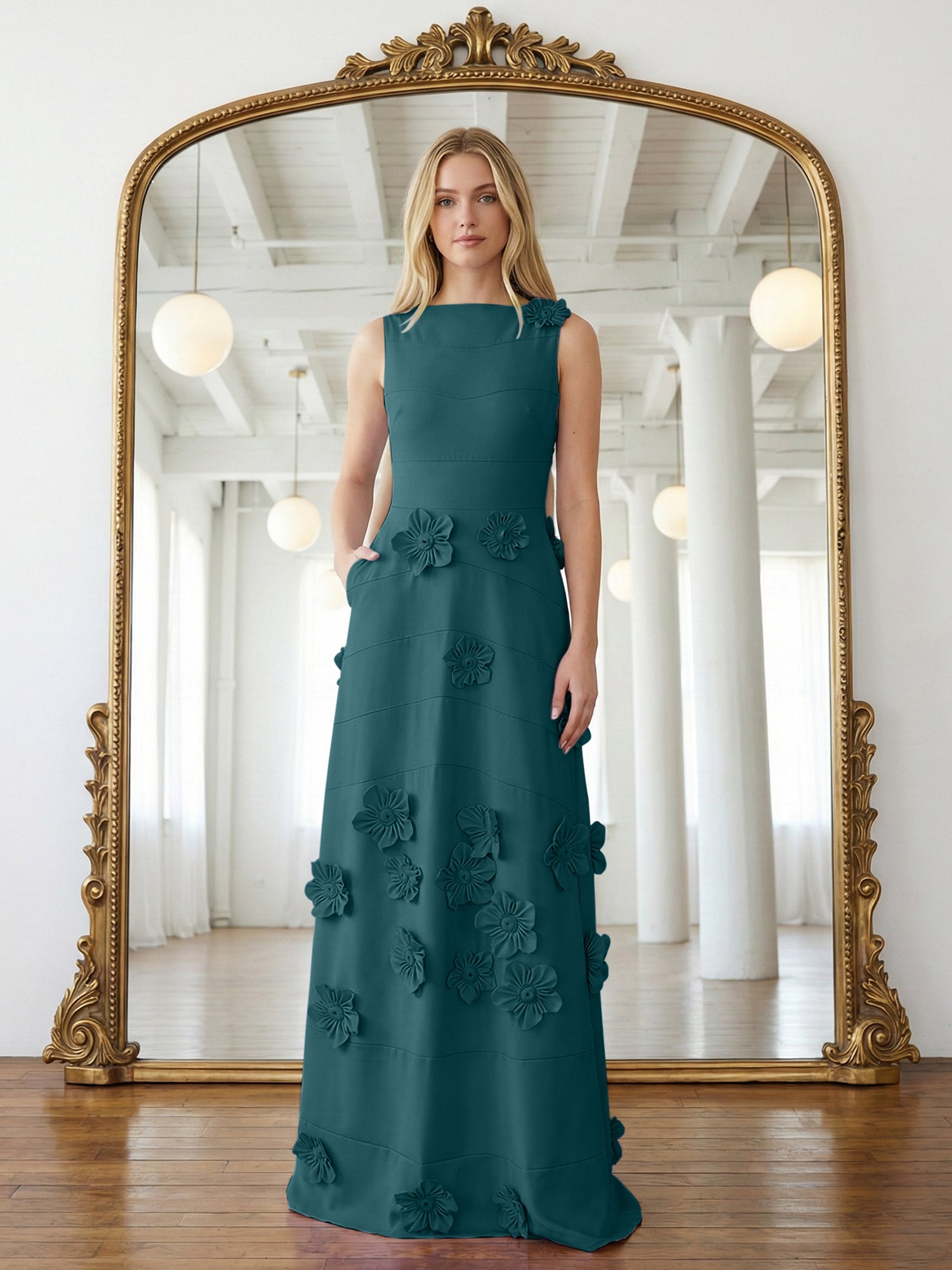 Lavendelfarbenes formelles Kleid mit U-Boot-Ausschnitt und herabfließenden 3D-Blumen