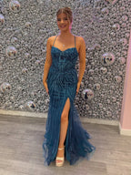 Teal Beaded Spaghetti Straps Corset Long Prom Dress with Slit