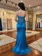 Türkisfarbenes Satin-Korsett-Abendkleid mit Spaghetti-Trägern und Schlitz