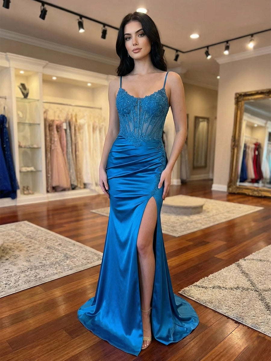 Türkisfarbenes Satin-Korsett-Abendkleid mit Spaghetti-Trägern und Schlitz