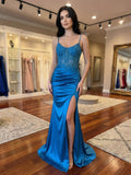 Türkisfarbenes Satin-Korsett-Abendkleid mit Spaghetti-Trägern und Schlitz