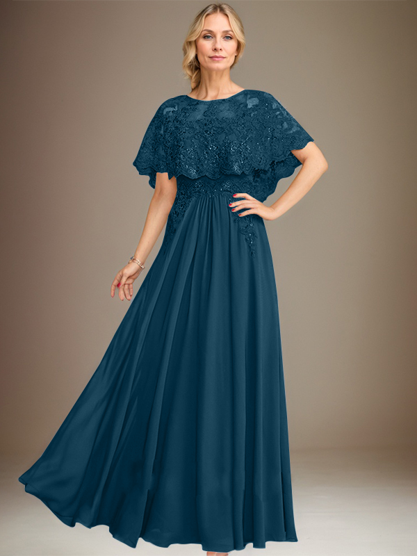 A-Linien Spitzen-Chiffon-Mutter-der-Braut-Kleid mit Bootsausschnitt, bodenlang und Applikations-Pailletten