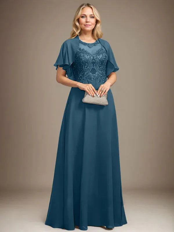 Vestido de madre de la novia de encaje y gasa con ilusión, escote redondo en línea A, largo hasta el suelo con lentejuelas