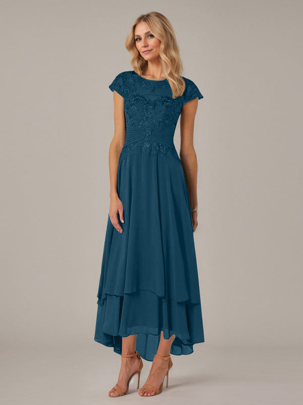 A-Linien Boot-Ausschnitt Illusions asymmetrisches Chiffon-Spitzen Mutterkleid der Braut mit Applikationsfalten