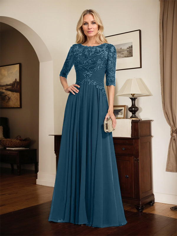 A-Linien Ausschnitt Illusions-Bodenlanges Chiffon-Spitzenkleid für die Mutter der Braut mit plissierten Pailletten