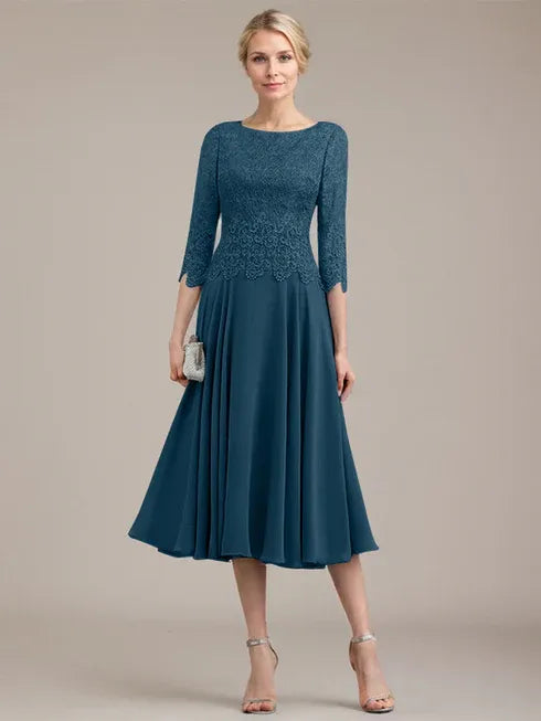 A-Linien Kleid mit Rundhalsausschnitt, tea-länge, Spitze und Chiffon, Mutter der Braut Kleid