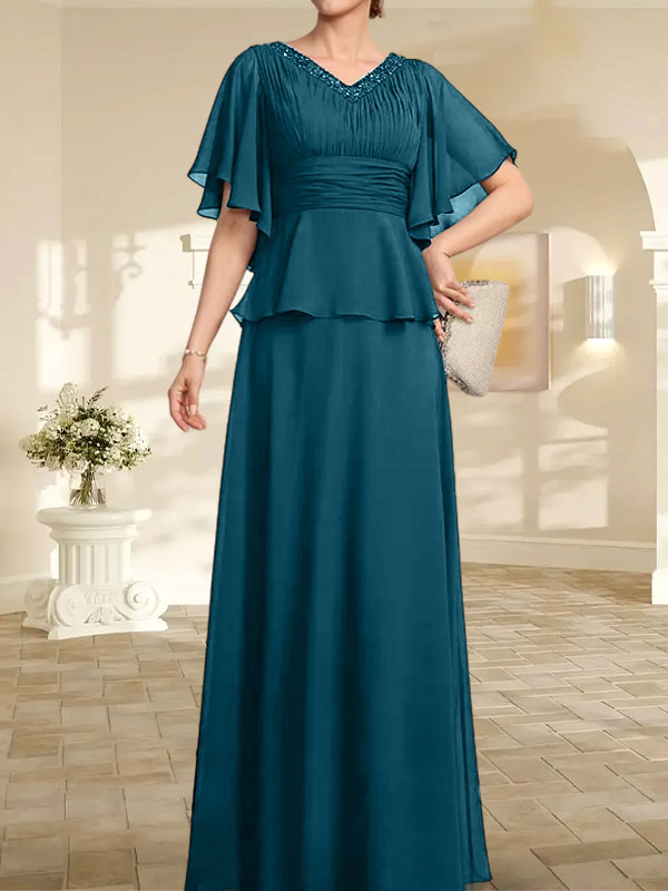 Robe mère de la mariée ligne A en chiffon longue au sol avec décolleté en V et perles plissées