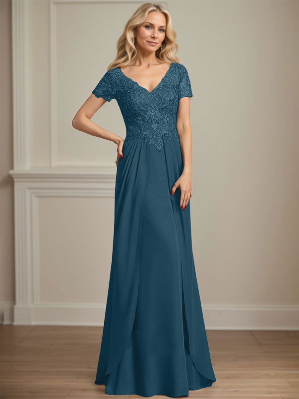 A-Linien Chiffon-Spitzen-Mutter-der-Braut-Kleid mit V-Ausschnitt, bodenlang