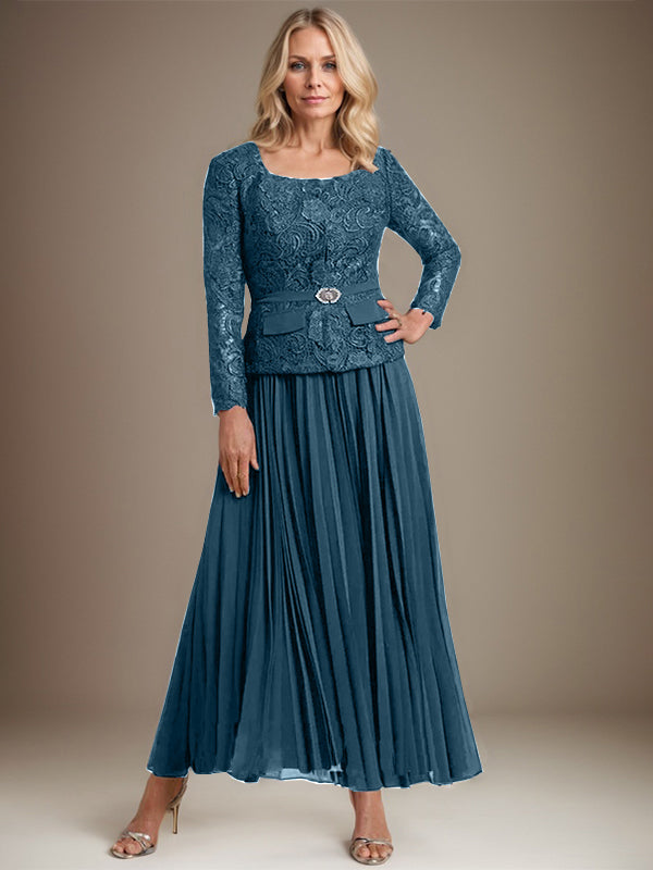 A-Linien-Kleid mit quadratischem Ausschnitt, knöchellang, Chiffon, Mutter der Braut, mit Falten