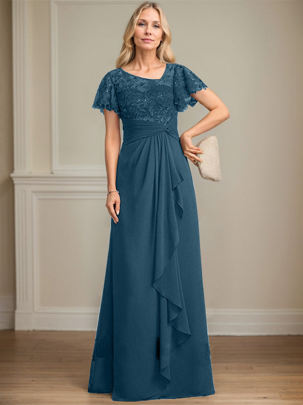 A-Linie asymmetrisches Illusions bodenlanges Spitzen-Chiffon Brautmutterkleid mit kaskadierenden Volants und Pailletten